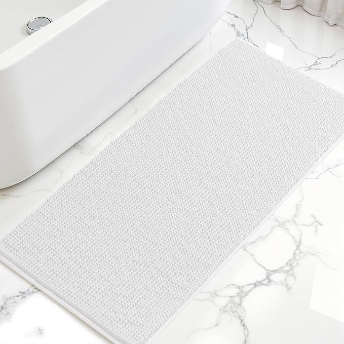 SUBRTEX Bathroom Rugs, 24" x 55" Chenille Bath Rug Soft Short Plush Bath Mat Soft Shower Mat Water Absorbent Shower Mat Quick Dry Machine Washable, White