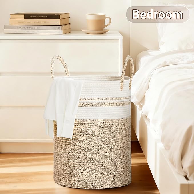 SunNewt Tall Laundry Basket with Handles, 58L Portable Dirty Clothes Hamper, Boho Cotton Rope Storage Bin for Blankets Kids Toys Gifts, Decorative Organizer for Nursery Bedroom Bathroom, New Brown
