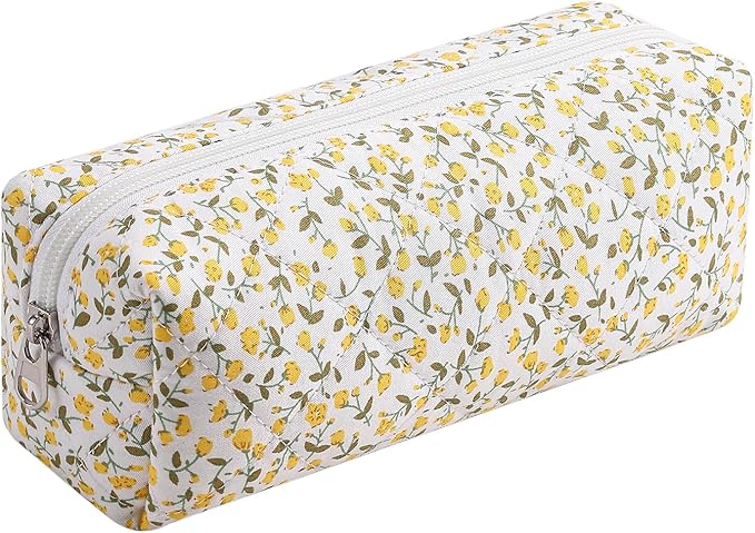 WHHJM Cute Floral Makeup Brush Bag Small Cotton Quilted Cosmetic Bag for Women Travel Toiletry Zipper Make Up Pouch (Yellow Floral)