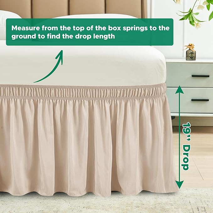 Biscaynebay Wrap Around Bed Skirts for Queen Beds 19" Long Drop, Sand Adjustable Elastic Dust Ruffles Easy Fit Wrinkle Resistant Silky Luxurious Fabric Machine Washable