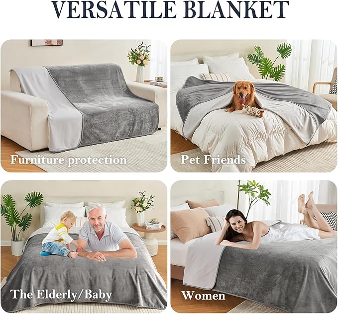 Yaning Waterproof Blanket 40"x60" for Adults, Reversible Waterproof Bed Cover for Dogs Cats Pets, Soft Leakproof Blanket for Bed Couch Sofa Furniture Protector, Grey/Light Grey