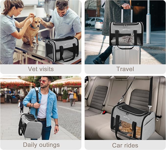 Chuzhong Airline Approved Pet Carrier for Cats & Small Dogs (Up to 18 Lbs) - Soft Sided Travel Carrier with Washable Pad (Grey)