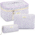 Zeyune 3 Pcs Makeup Bag Quilted Cosmetic Bags Large Floral Makeup Bag Set for Women Cotton Flower Travel Toiletry Storage Cute with Zipper for Women Mom Birthday Gift Home Bathroom(Flower)