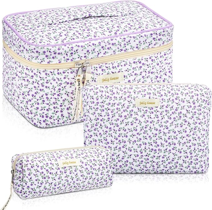 Zeyune 3 Pcs Makeup Bag Quilted Cosmetic Bags Large Floral Makeup Bag Set for Women Cotton Flower Travel Toiletry Storage Cute with Zipper for Women Mom Birthday Gift Home Bathroom(Flower)