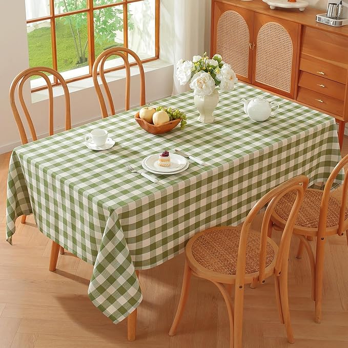 Alsoo Gingham Tablecloth Rectangle Checkered Table Cloth Cotton Linen Fabric Wrinkle Free Washable Buffalo Plaid Table Cover for Kitchen Dining Picnic Camping, Green and White, 60 * 120 inch