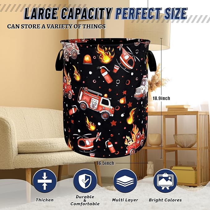 Fire Truck Fireman Laundry Basket Oxford Cloth Firefighters Funny Laundry Hamper With Handle Portable Clothes Storage Basket Foldable Laundry Bag 18.9"x16.5"For Laundry Room/Bedroom/Bathrooms