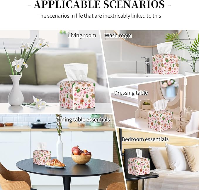 Tissue Box Cover, Christmas Gingerbread Cookies Pu Leather Square Tissue Box Cover Case Organizer Cube Box Holder for Bathroom Vanity Countertop, Night Stands, Office Desk & Car 5.2X5.2X5.2''
