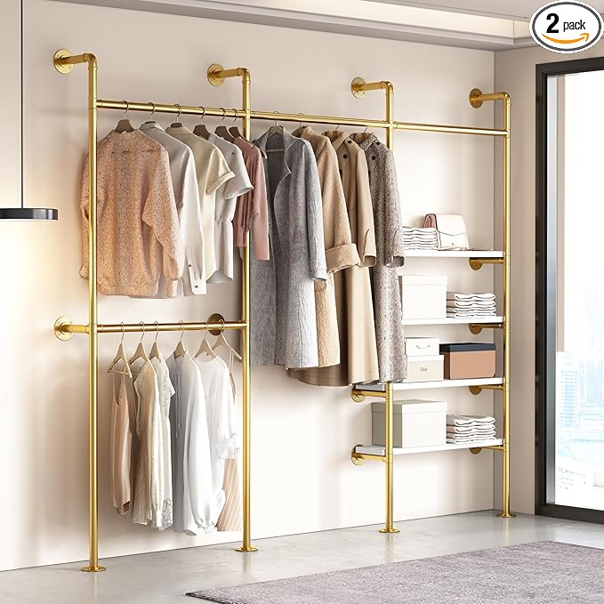 KAILNKISS Industrial Pipe Clothes Rack, Gold Clothing Rack with Shelves, Wall Mounted Clothes Rack Heavy Duty Closet Organizers Wardrobe Multi-Purpose Storage Clothes Hanging Shelf - 94.5''L Gold