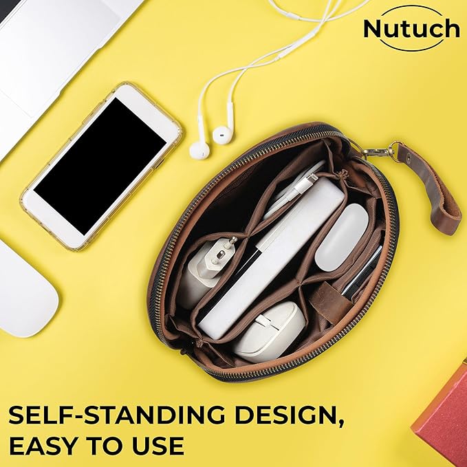 NUTUCH Leather Tech Pouch for Cables Chargers Phone | Tech Bag | Zipper Travel Accessory Pouch | Electronic Organizer Case Travel Bag (Large Vintage Dark Brown)