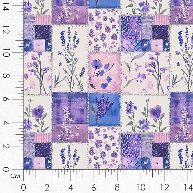 Lavender Patchwork Cotton Fabric Panel – 6 Designs (10×10 inch Each) + Bonus Sheet 29.5×19.6 inch, 100% Cotton 140 GSM, Made in Türkiye
