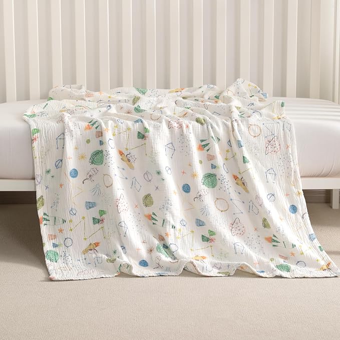 NTBAY 2 Layer Muslin Cotton Baby Swaddle Blanket, 42x60 Soft and Breathable Receiving for Newborns and Infants, Perfect for Crib, Stroller, Travel, Lightweight Nursery Blanket, Space Explorer