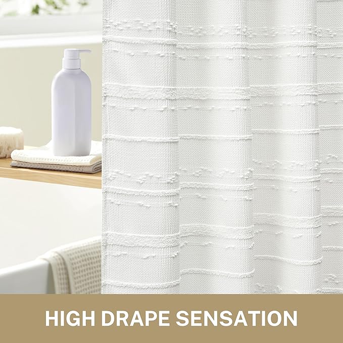 Lameirose Extra Long Farmhouse White Shower Curtain Boho, 72 x 84 Cotton Blend Tufted Weave Waffle Stripe Textured Heavy Duty, Fabric Shower Curtain for Bathroom, Hotel