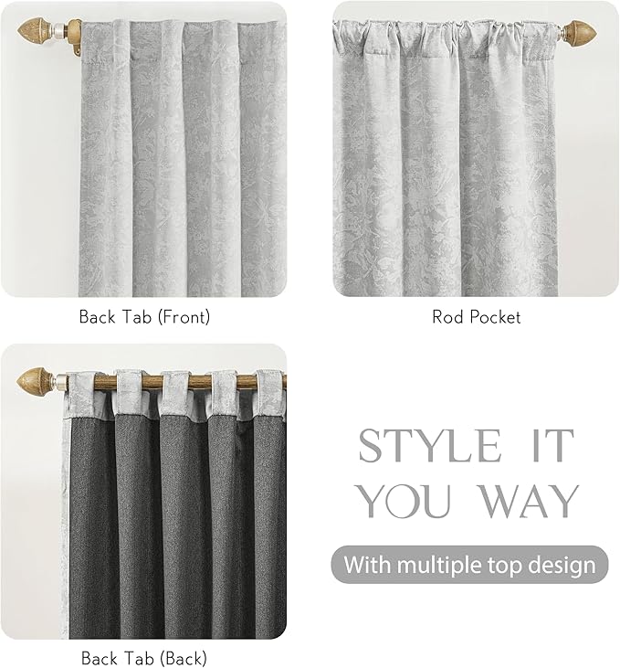 Beauoop Grey Floral Jacquard Blackout Curtains 84 Inches Long 2 Panels for Bedroom Living Room Chenille Flower Room Darkening Thermal Insulated Soundproof Rod Pocket Back Tab Window Drapes, 52x84