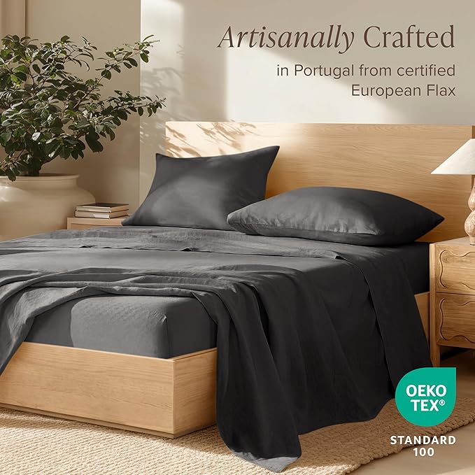 Bare Home Twin Extra Long Sheet Set - Luxury 100% European Linen - Deep Pockets - Easy Fit - 3 Piece Set - Bedding Sheets & Pillowcases (Twin XL, Dark Grey)