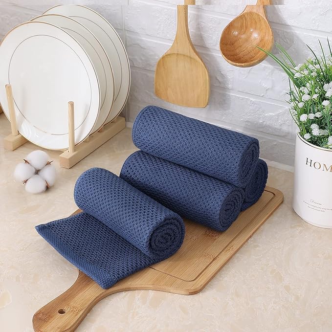 Kitinjoy 100% Cotton Waffle Weave Kitchen Towels, 8-Pack Super Soft and Absorbent Dish Towels for Drying Dishes, Kitchen Hand Towels, 13 in x 28 in, Navy Blue