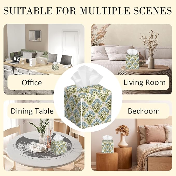 POIUBLE Tissue Box Holder Green and Blue Floral Tissue Box Cover Square Leather Tissue Holder Organizer Portable Decorative Facial Paper Case for Home Office Bathroom Vanity Countertop