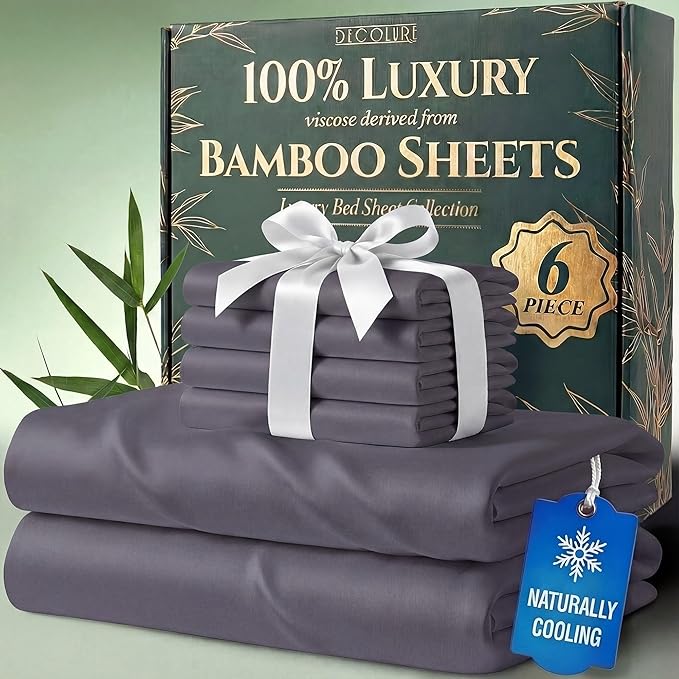 DECOLURE 100% Viscose Derived from Bamboo Sheets Full Size - Luxury 6 Pc Naturally Cooling Sheets, Ultra Soft Bed Set - Deep 17" Pockets, Durable Double Stitching, Oeko Tex Standard (Grey)