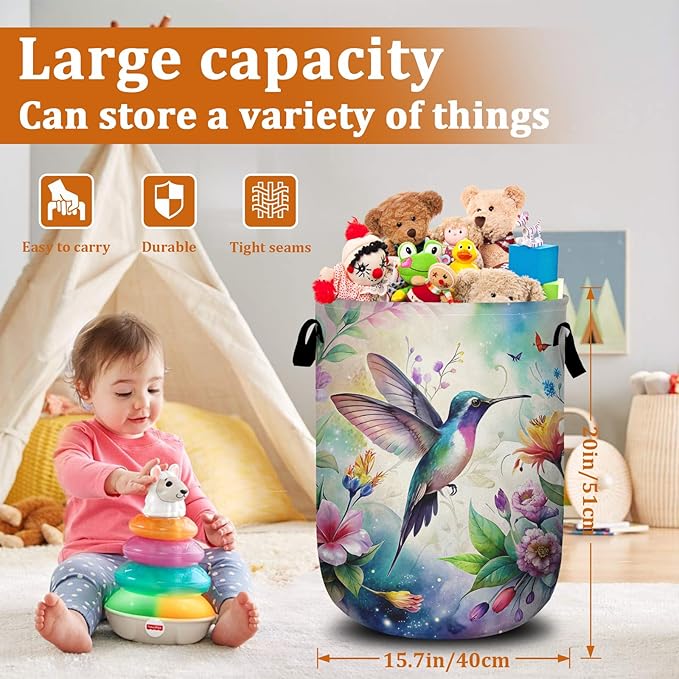 Flower Bird Laundry Basket with Sturdy Handles, Colorful Floral Collapsible Oxford Cloth Laundry Hamper Organizer Basket for Bathroom Bedroom 15.7x20 Inch