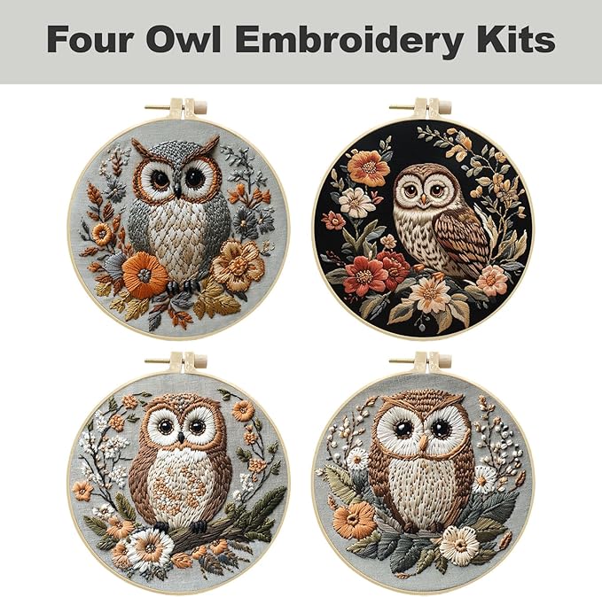 QBQBQ Owl Embroidery Kit - 8.2in, Owl Needlepoint Kits for Adults, Cross Stitch Kits for Beginners, Include Embroidery Cloth Bamboo Hoops and Step by Step Instructions, for Craft Lover Hand Stitch