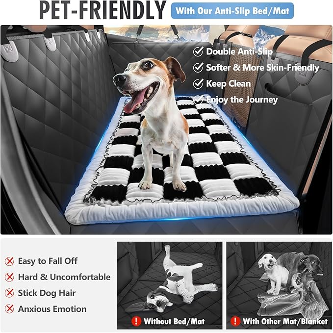 ROUWINNE Backseat Dog Bed Non-Slip, Dog Bed for Car Back Seat Soft and Comfortable, Back Seat Pet Bed Mat for Travel, Pet Car Blanket for Backseat Extender and Seat Covers Checkered (51”X 23.5”)