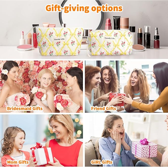 HAOGUAGUA 2 Pieces Makeup Bag, Small Large Quilted Cosmetic Bag, Travel Floral Make Up Toiletry Organizer Bag for Women Girls (2PCS STYLE A-6)
