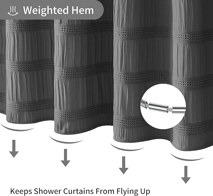 Lameirose Extra Long Grey Shower Curtain Farmhouse,72 x 78 Cotton Blend Waffle Tufted Striped Chic Textured Fabric Shower Curtain for Bathroom, Hotel