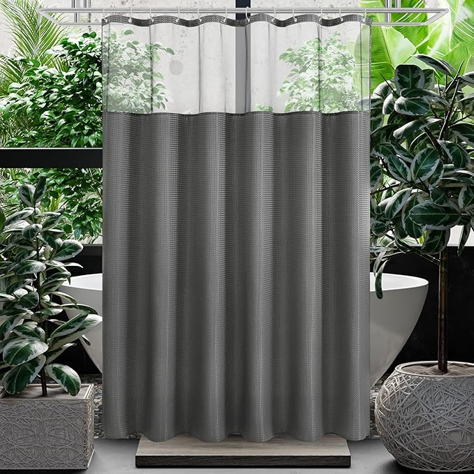 Gibelle Waffle Weave Shower Curtain with Mesh Top Window and Hooks Set, Spa Like Hotel Style Fabric Shower Curtain for Bathroom, Charcoal Grey, 72x72