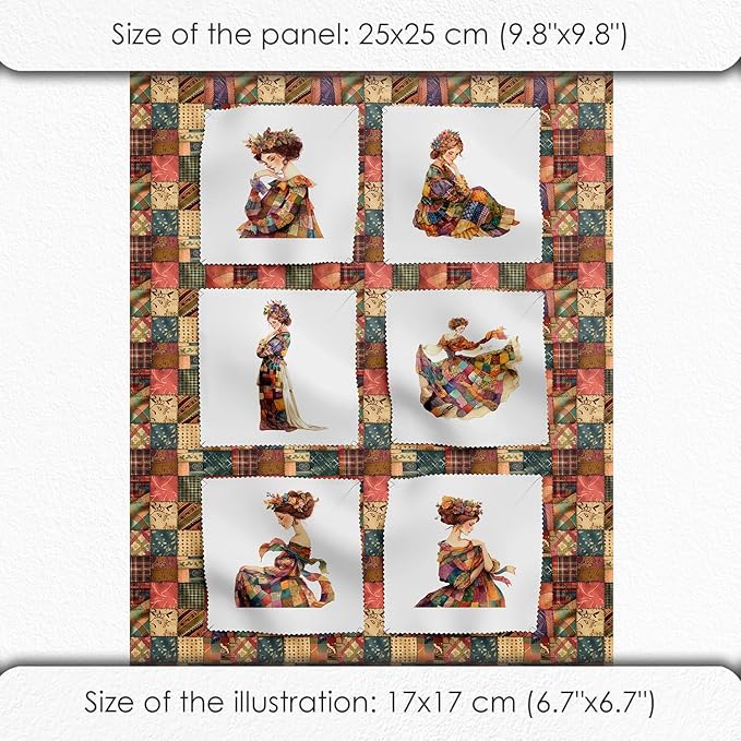 Elegant Lady Patchwork Cotton Fabric Panel – 6 Designs (10×10 inch Each) + Bonus Patchwork Sheet 29.5×19.6 inch, 100% Cotton 140 GSM