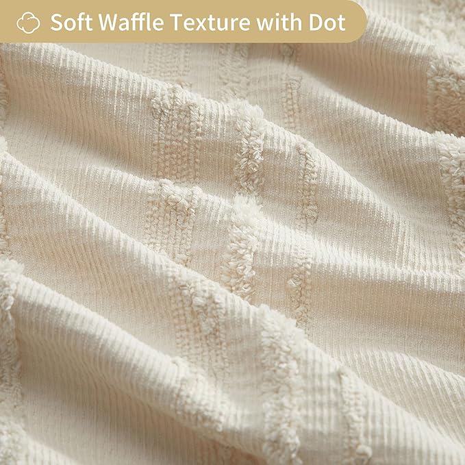 Lameirose Beige Shower Curtain Boho, 72 x 72 Cotton Blend Waffle Weave Stripe Textured Heavy Duty, Fabric Shower Curtain for Bathroom, Hotel, Washable