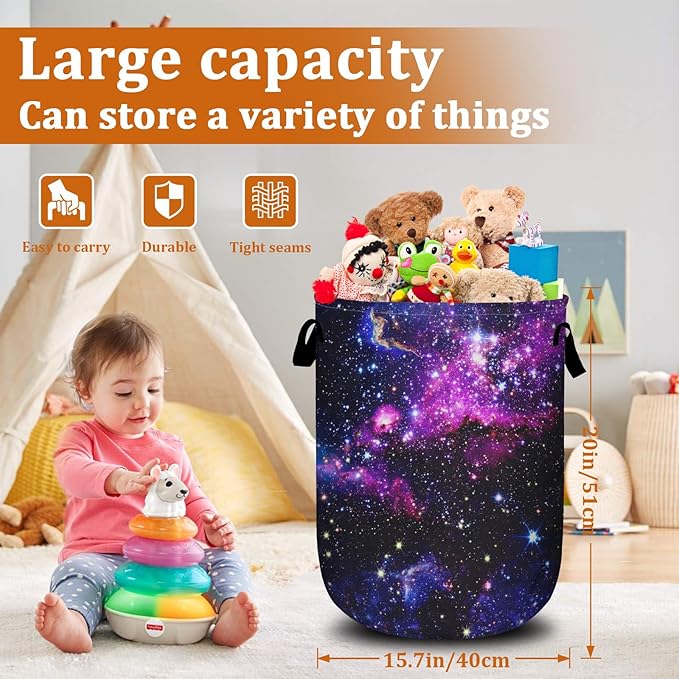 Purple Starry Sky Laundry Basket with Sturdy Handles, Galaxy Collapsible Oxford Cloth Laundry Hamper Organizer Basket for Bathroom Bedroom 15.7x20 Inch