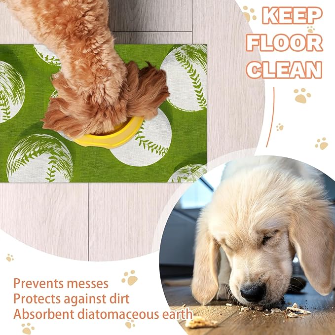 Eizlang Baseball Dog Cat Food Mat,12"x20" Inches Rapid Absorbent Pet Feeding Mat,Green Pets Placemat Water Bowl Mats with Rubber Backing,No Stains Cat Dog Feeding Mats Indoor,Pet Accessories Supplies