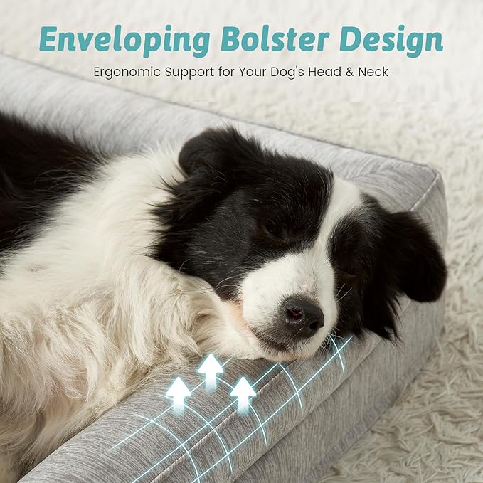 COZY KISS Cooling Dog Bed, Orthopedic Foam Dog Bed with Sides, Removable Washable Cover & Waterproof Lining and Nonskid Bottom, Comfortable Pet Beds for Large Dogs, Grey (42" L x 30" W x 7" Th)