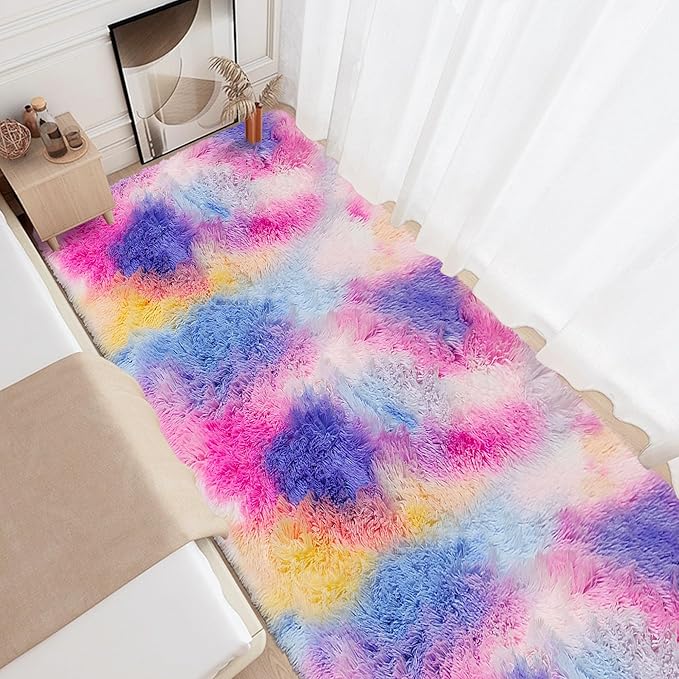Pink Rainbow Rug for Girls Bedroom Bedside 3x10 ft, Soft Fluffy Plush Runner Carpet Shag Kids Area Rug for Little Girls Room, Cute Colorful Rug Runner for Hallway Nursery Living Room