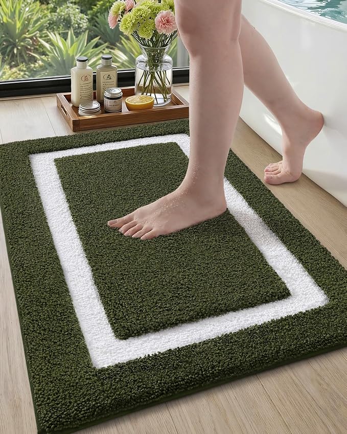Color&Geometry Bathroom Rugs, Water Absorbent and Quick Dry Microfiber Bath Rugs-24"x36", Non-Slip, Machine Washable, Extra Soft Plush Bath Mats for Bathroom, Laundry Room, Green White