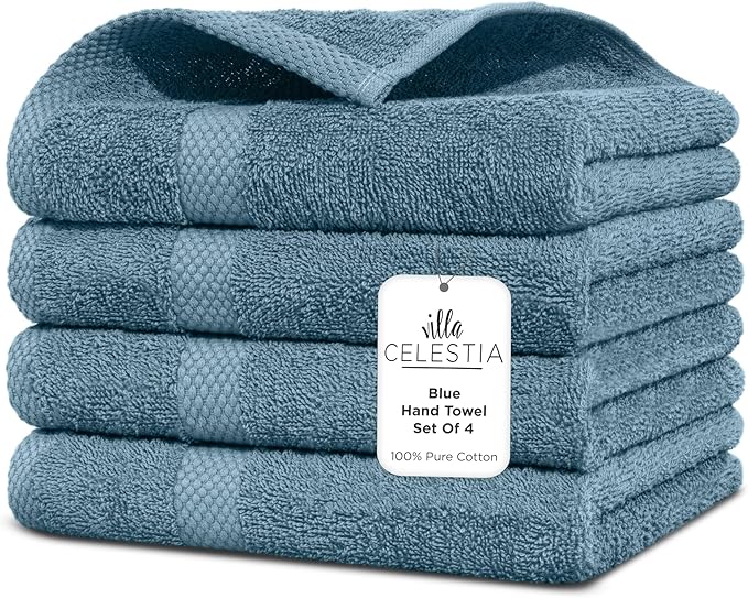 Villa Celestia 100% Cotton Hand Towel Set of 4, (16 x 28 inches) Sustainable, Soft, Highly Absorbent, Quick Drying, Combed Cotton Hand Towels Pack of 4 Ideal for Hotels, Spa, Bathroom, Dorm, Blue