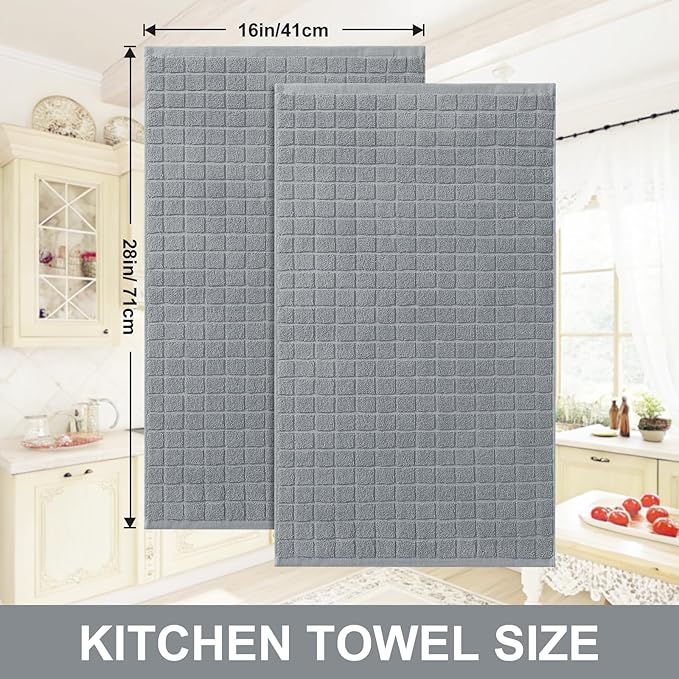 Homaxy Premium Cotton Kitchen Towels 16"x 28", Large Natural Ring Spun 390 GSM Dish Towels, Super Absorbent Terry Kitchen Hand Towels, Soft Tea Towels with Hanging Loop, Pure Grey Design, 8 Pack