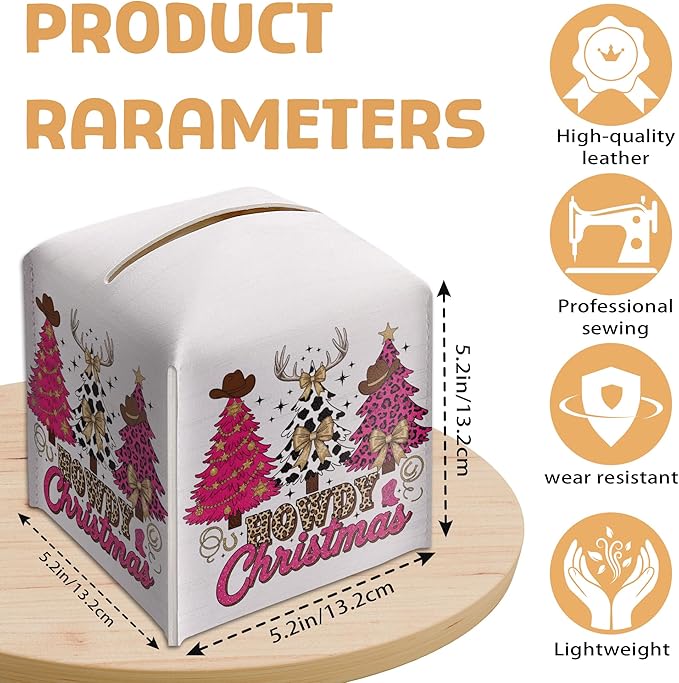 Christmas Tissue Box Holder, Pink Western Cowboy Christmas Trees Leather Tissue Box Cover Square, Paper Facial Decorative Tissues Cover for Night Stands Bathroom Office Home Decor-B08