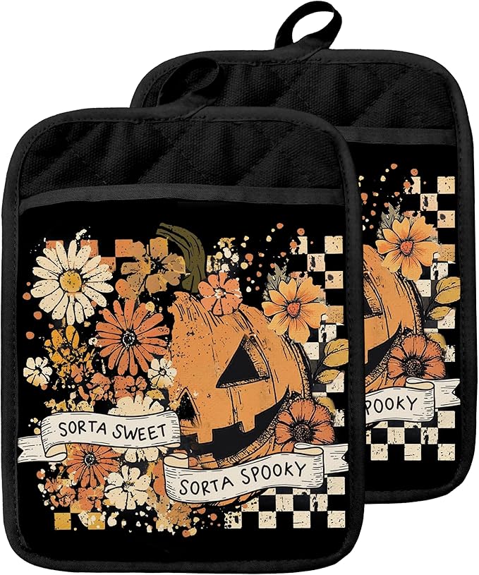 Halloween Pumpkin Floral Pot Holders with Pockets, Retro Checkered Rustic Fall Halloween Oven Pot Holders Heat Resistant Oven Mitts Hot Pads for Kitchen Baking Cooking