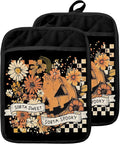 Halloween Pumpkin Floral Pot Holders with Pockets, Retro Checkered Rustic Fall Halloween Oven Pot Holders Heat Resistant Oven Mitts Hot Pads for Kitchen Baking Cooking