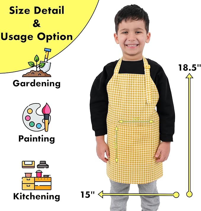 Kids Aprons for Cooking Waterdrop Resistant Aprons for Girl & Boy Toddler Apron for Painting, Gardening, Baking, Smock (Plaid Yellow, Small (3-5 years))