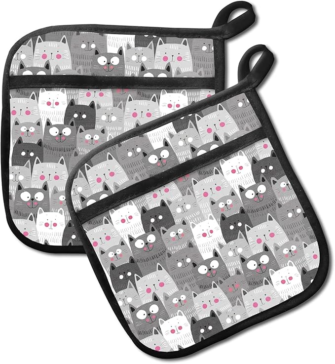 2 Pack Pot Holders for Kitchen Clearance, Cute Hot Pads, Funny Oven Pot Holders, Potholders Sets for Kitchen Heat Resistant Grey Cute Cats