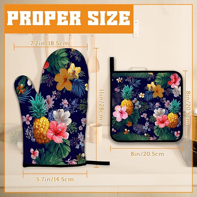 Palm Leaf Tropical Oven Mitts and Pot Holders,Pineapple Hibiscus Heat Resistant Oven Mitts Gloves and Pot Holder for Home Kitchen Decorations Cooking Baking BBQ Gifts,Set of 4