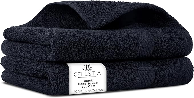 Villa Celestia 100% Cotton Hand Towel Set of 2, (16 x 28 inches) Sustainable, Soft, Highly Absorbent, Quick Drying, Combed Cotton Hand Towels Pack of 2 Ideal for Hotels, Spa, Bathroom, Dorm, Black