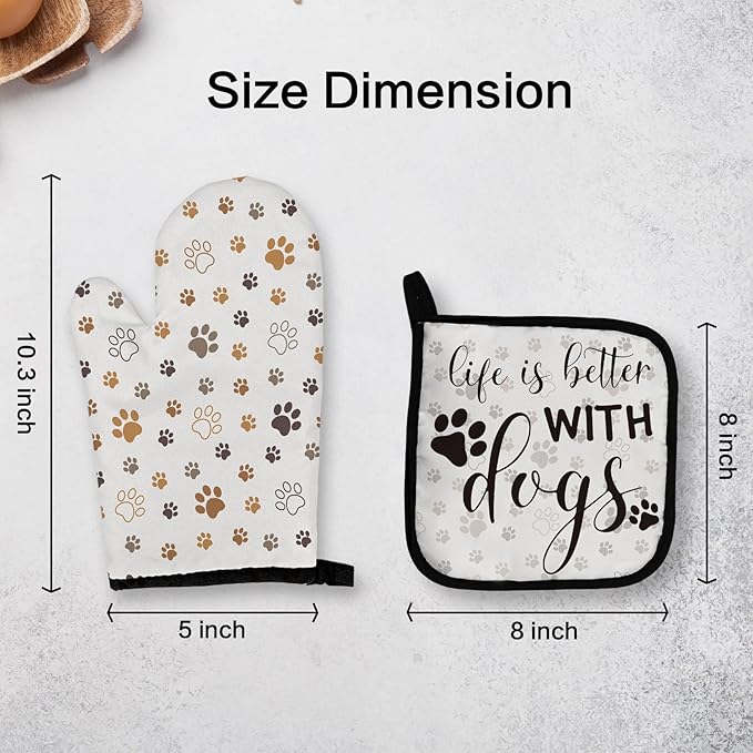 OHSUL Paw Print Oven Mitts and Pot Holders Set, Heat Resistant Oven Gloves with Dog Paws Design in Beige, Perfect for Women. Dog Lovers Kitchen Decor, Owner Mom Gifts.