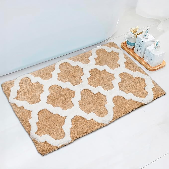 C23 Luxury Trellis Bath Rug Set of 2 (Beige & White) 20"x32" & 16"x24" | 2200 GSM Ultra-Thick High-Density Plush | Decorative Non-Slip Bathroom Mats | Hotel Quality, Machine Washable