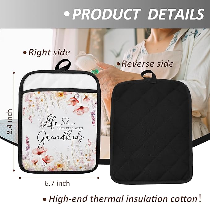 Grandma Gifts from Grandkids Pot Holders with Pockets, Gifts for Grandma Grandmother Kitchen Accessories Sets, Life Better with Grandkids Heat Resistant Oven Glove Potholders for Kitchen