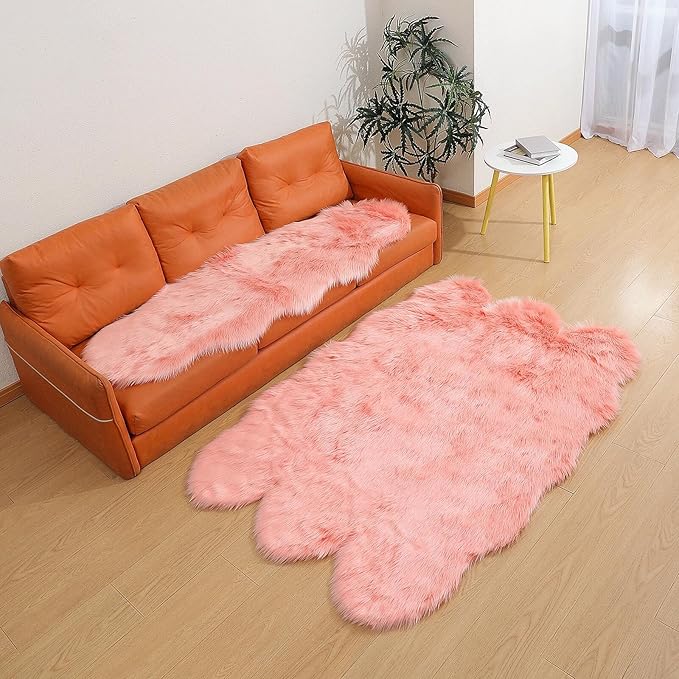 Faux Fur Rug Sheepskin Shag Fluffy Fuzzy Pink 2x6 ft Runner Rugs for Bedroom Bedside Bed Floor Living Room Plush High-Density Cushion Carpet Super Sofa Cover