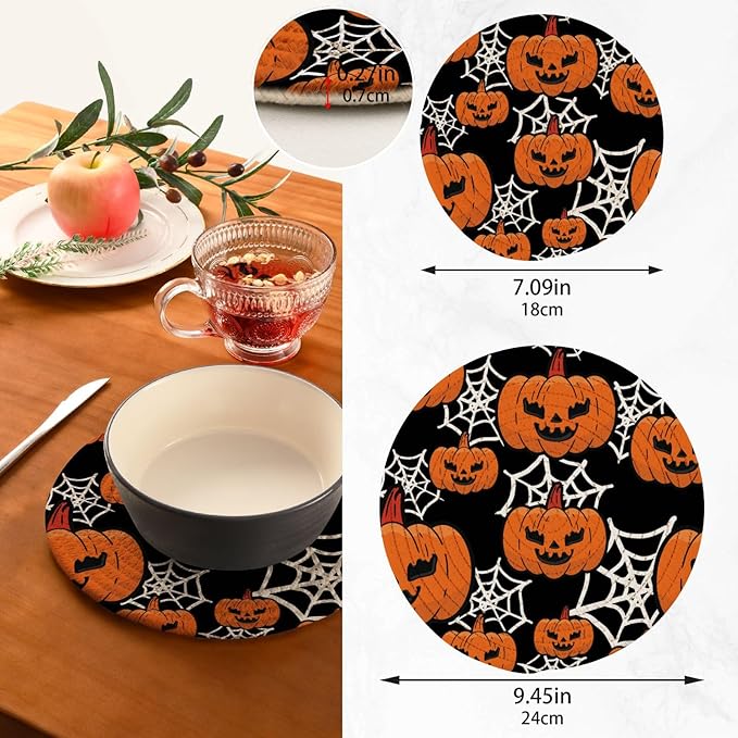 Boccsty Halloween Spider Web Pumpkins Trivet Mat 2PCS Trick Or Treat Round Woven Potholders Kitchen Table Countertop Protector Hot Pads Farmhouse Coasters Counter Mats for Cooking Baking
