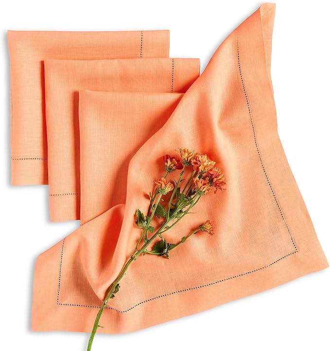 Solino Home Linen Cloth Napkins Set of 4-100% Pure Linen Coral Dinner Napkins 20 x 20 Inch for Valentines, Spring, Easter - Classic Hemstitch, Handcrafted and Machine Washable