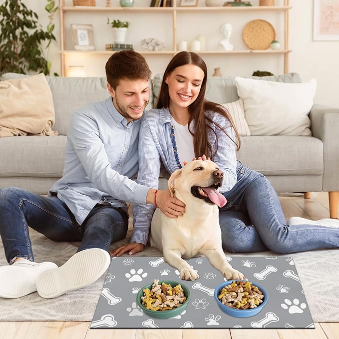 Eizlang Grey Dog Cat Food Mat,12"x20" Inches Rapid Absorbent Pet Feeding Mat,Pets Placemat Water Bowl Mats with Rubber Backing,No Stains Cat Dog Feeding Mats Indoor,Pet Accessories Supplies
